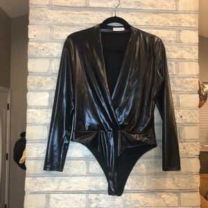 Makers of Dreams Black Faux Leather Bodysuit Sz L